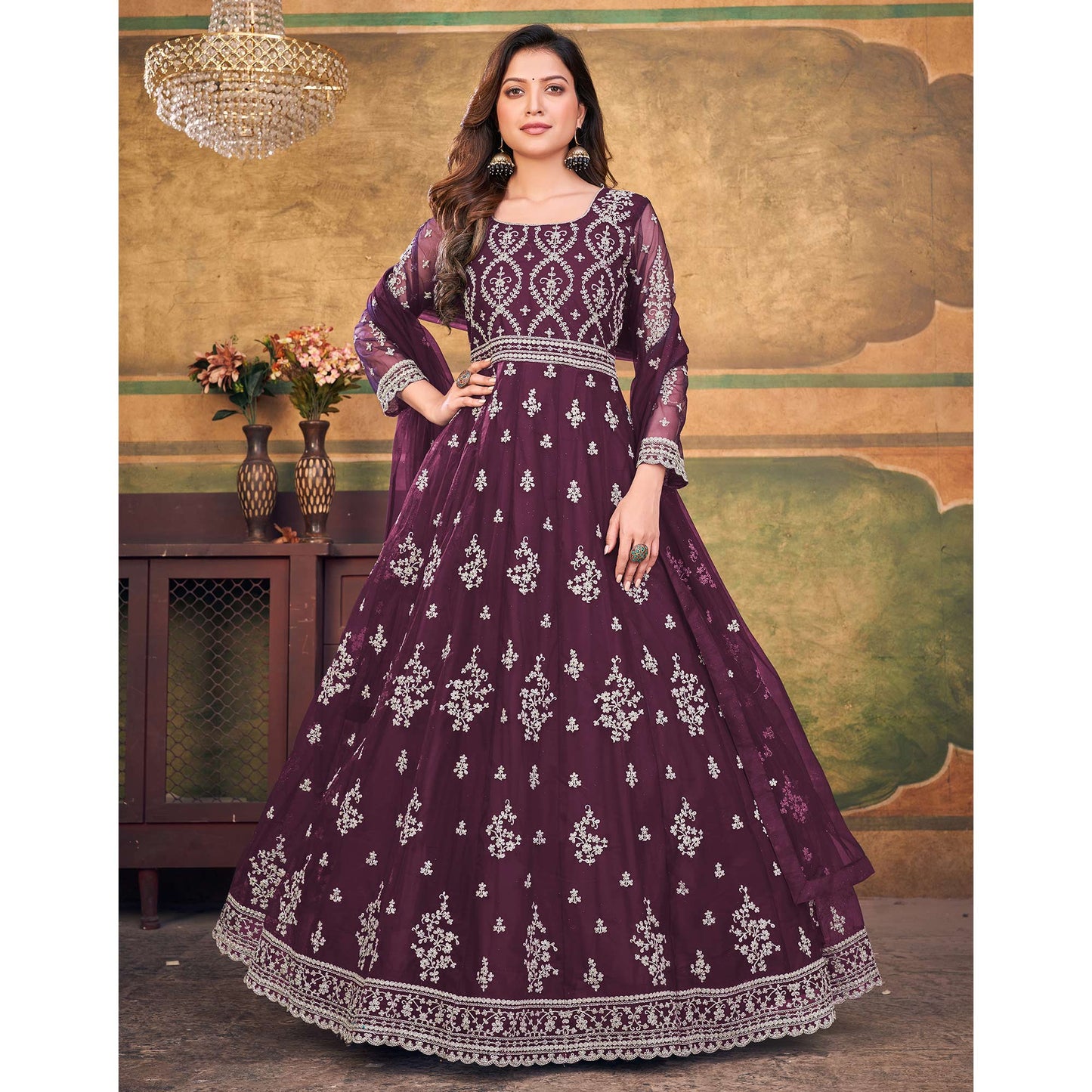 Purple Embroidered Net Semi Stitched Anarkali Suit