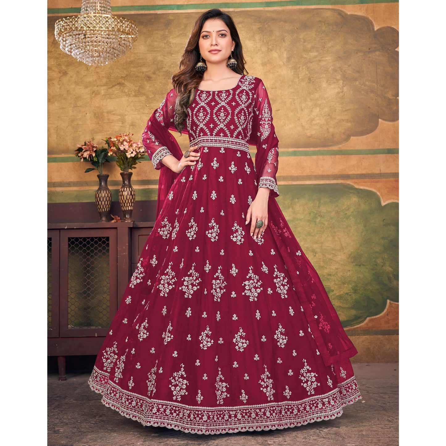 Pink Embroidered Net Semi Stitched Anarkali Suit