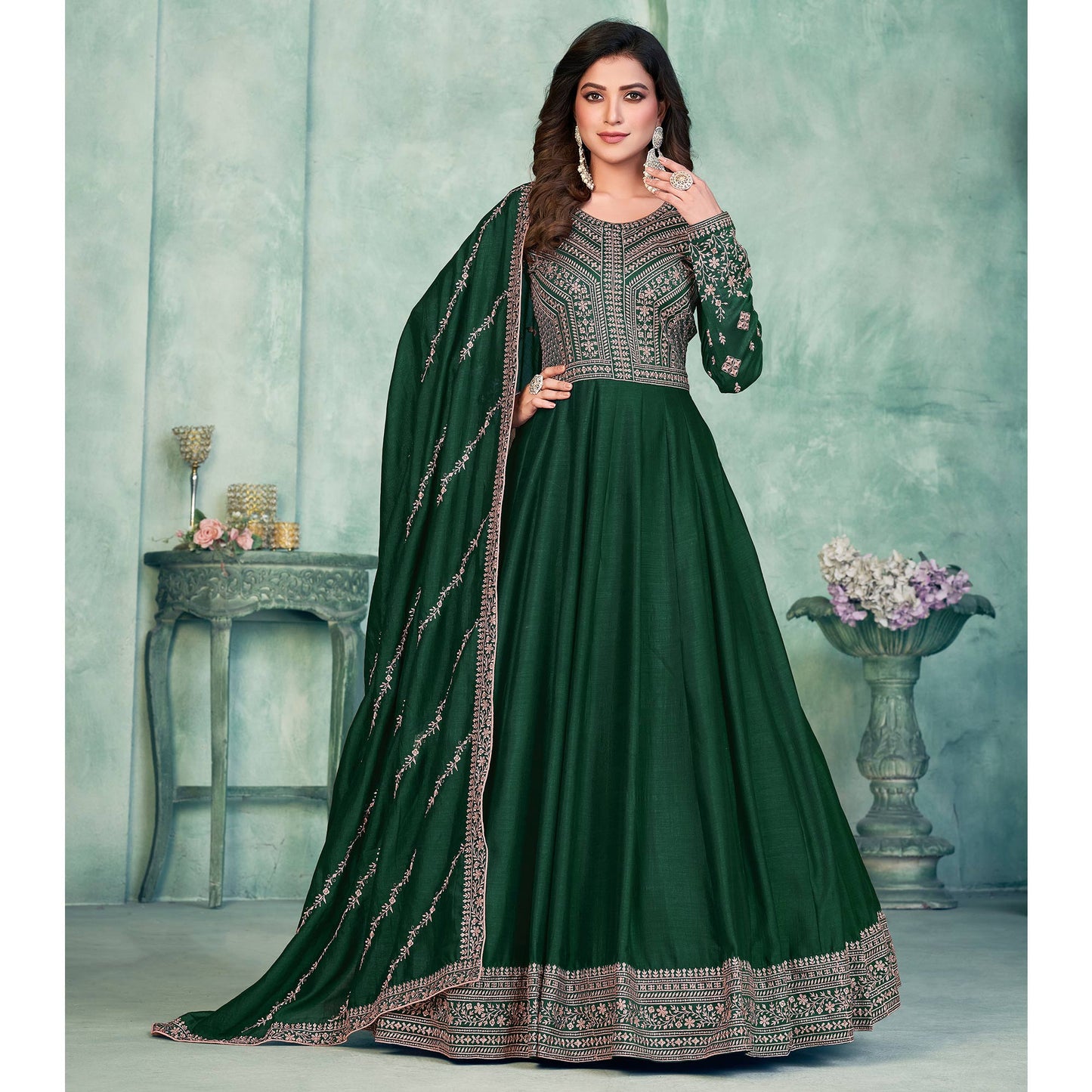 Green Embroidered Art Silk Semi Stitched Anarkali Suit