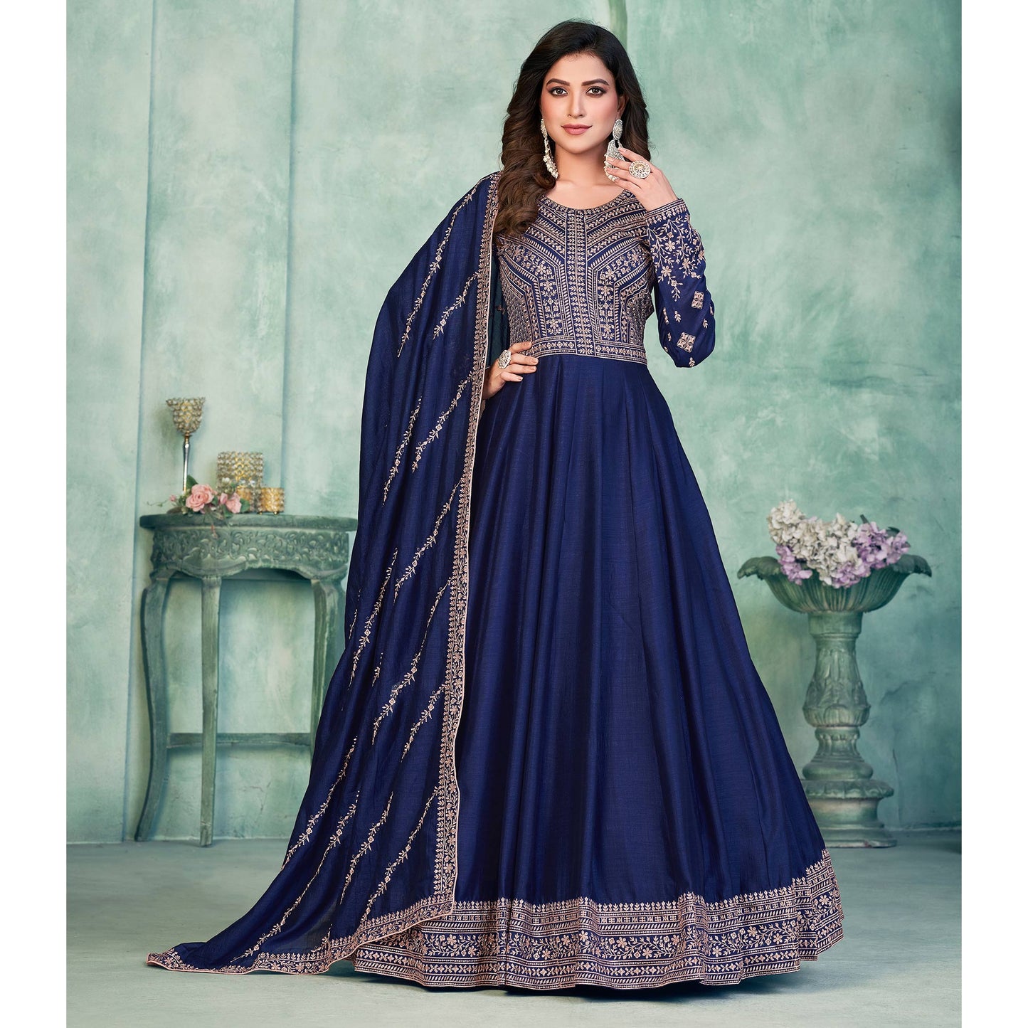 Blue Embroidered Art Silk Semi Stitched Anarkali Suit