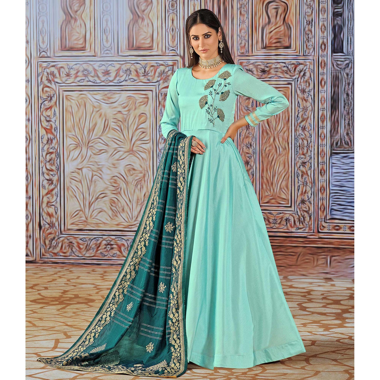 Turquoise Handwork Embroidered Art Silk Anarkali Suit