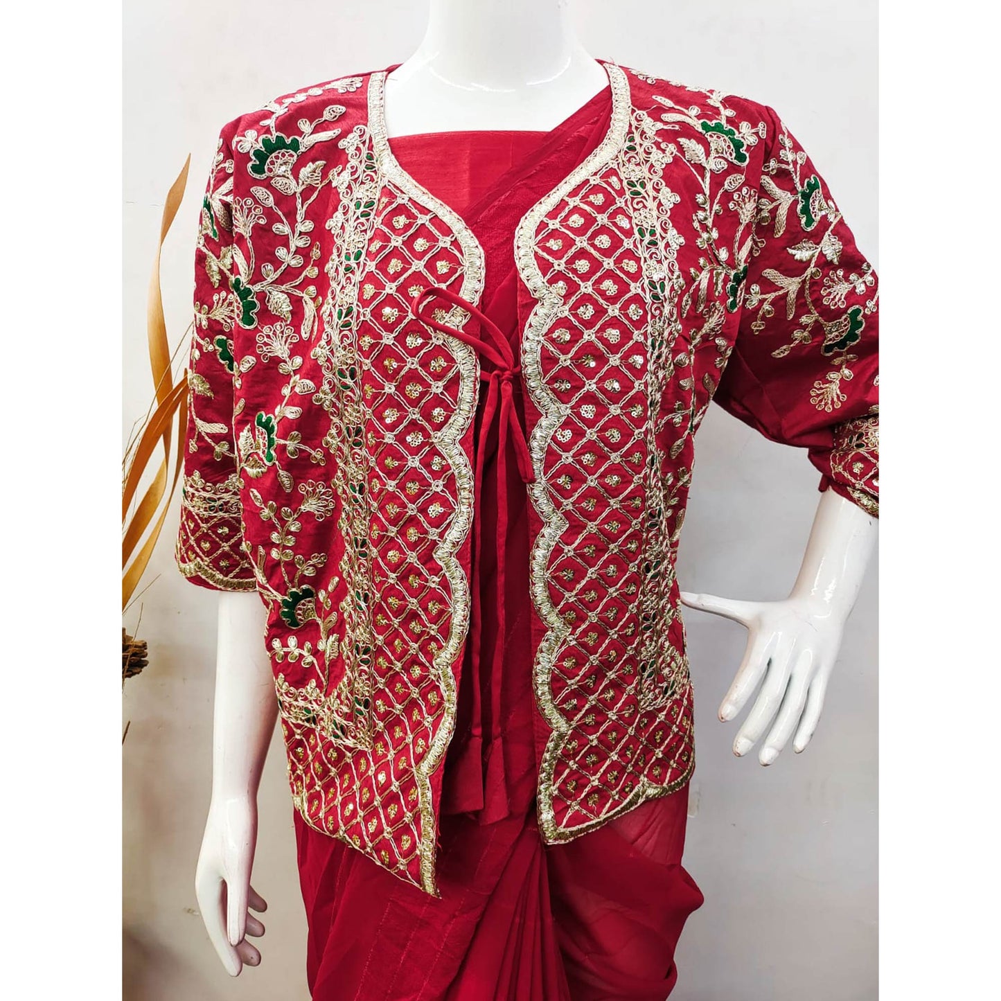 Red Woven Georgette Saree With Embroidered Jacket