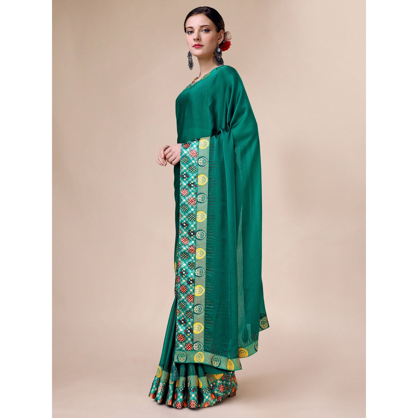 Rama Green Swarovski With Bandhani Printed Border Art Silk Saree