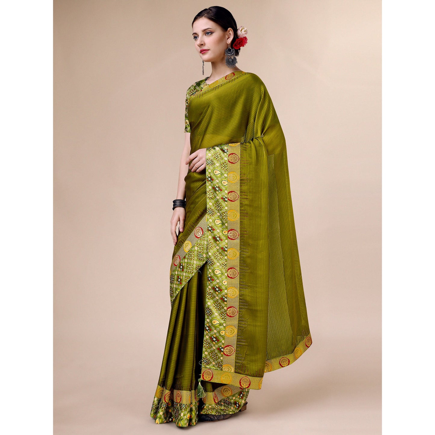 Mehendi Green Swarovski With Bandhani Printed Border Art Silk Saree