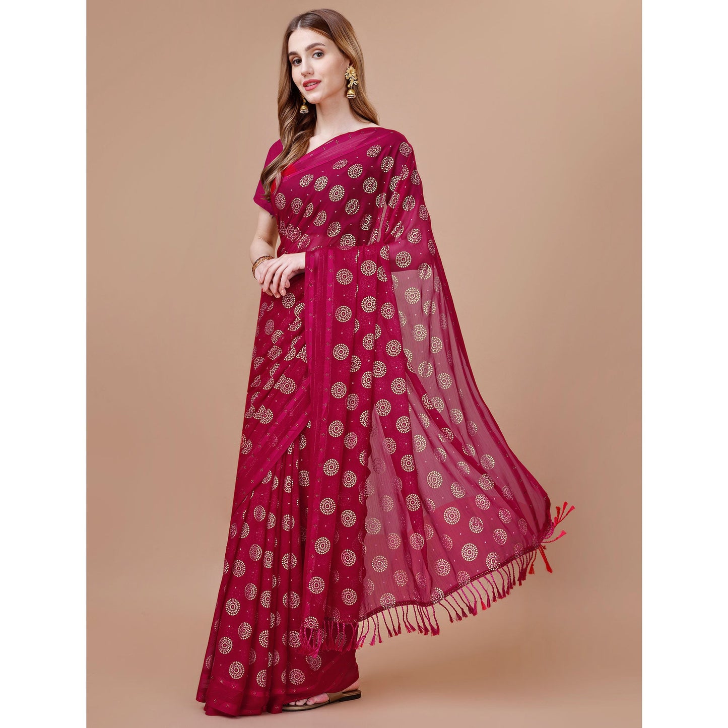 Magenta Foil Printed Chiffon Saree With Tassels