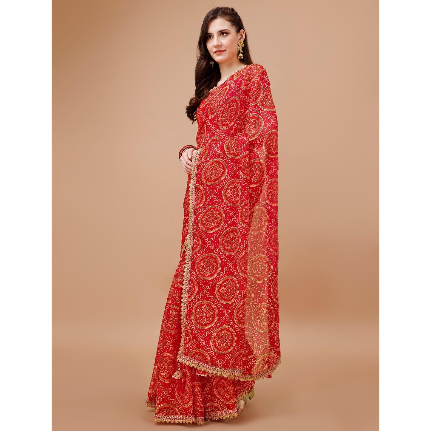 Red Bandhani Printed Chiffon Saree