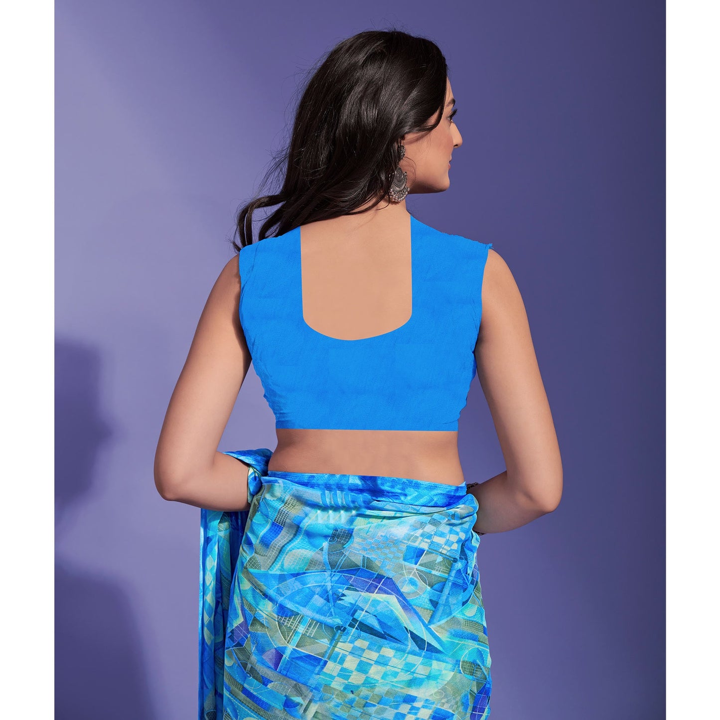 Blue Geometric Printed Chiffon Saree