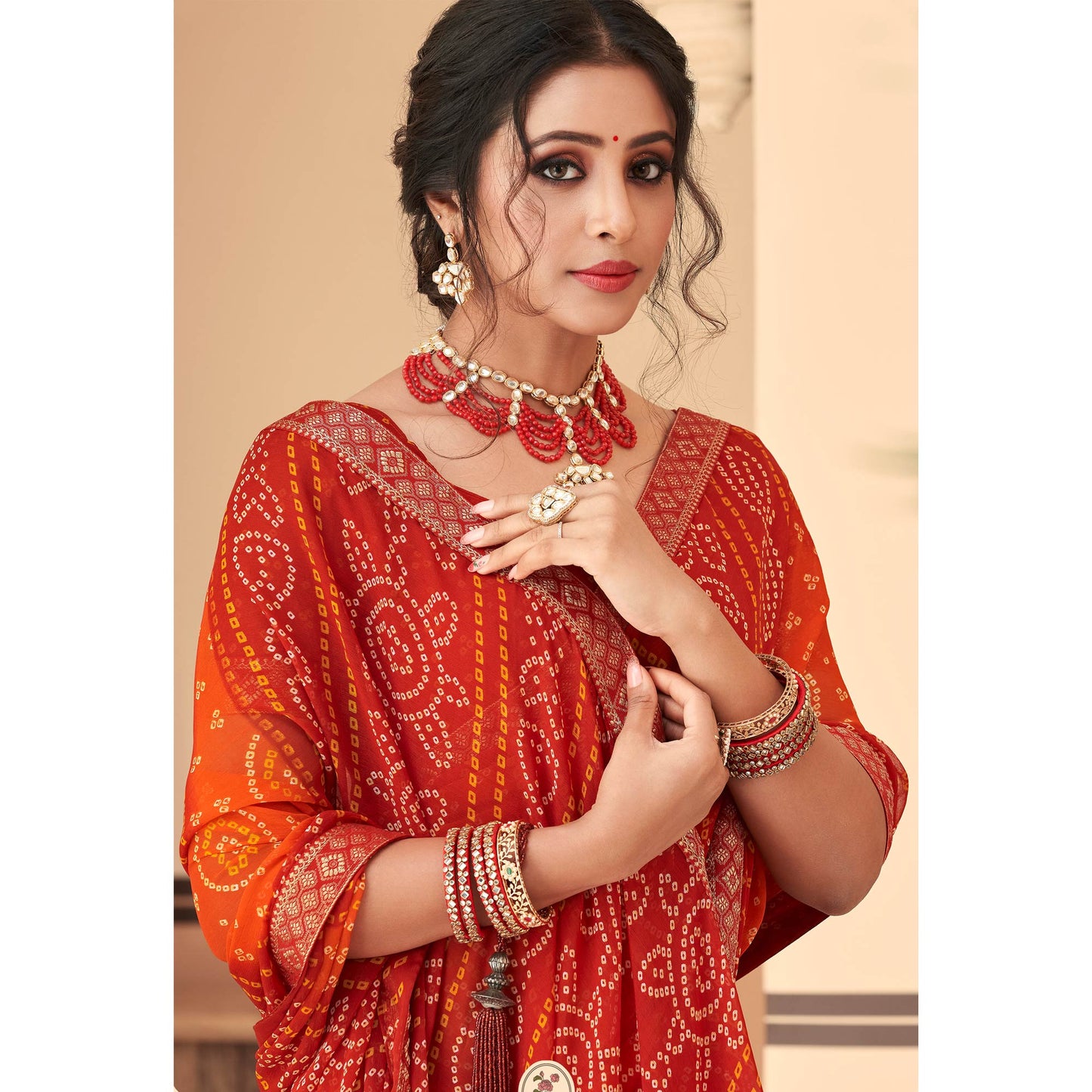 Red & Orange Bandhani Printed Chiffon Saree With Lace Border