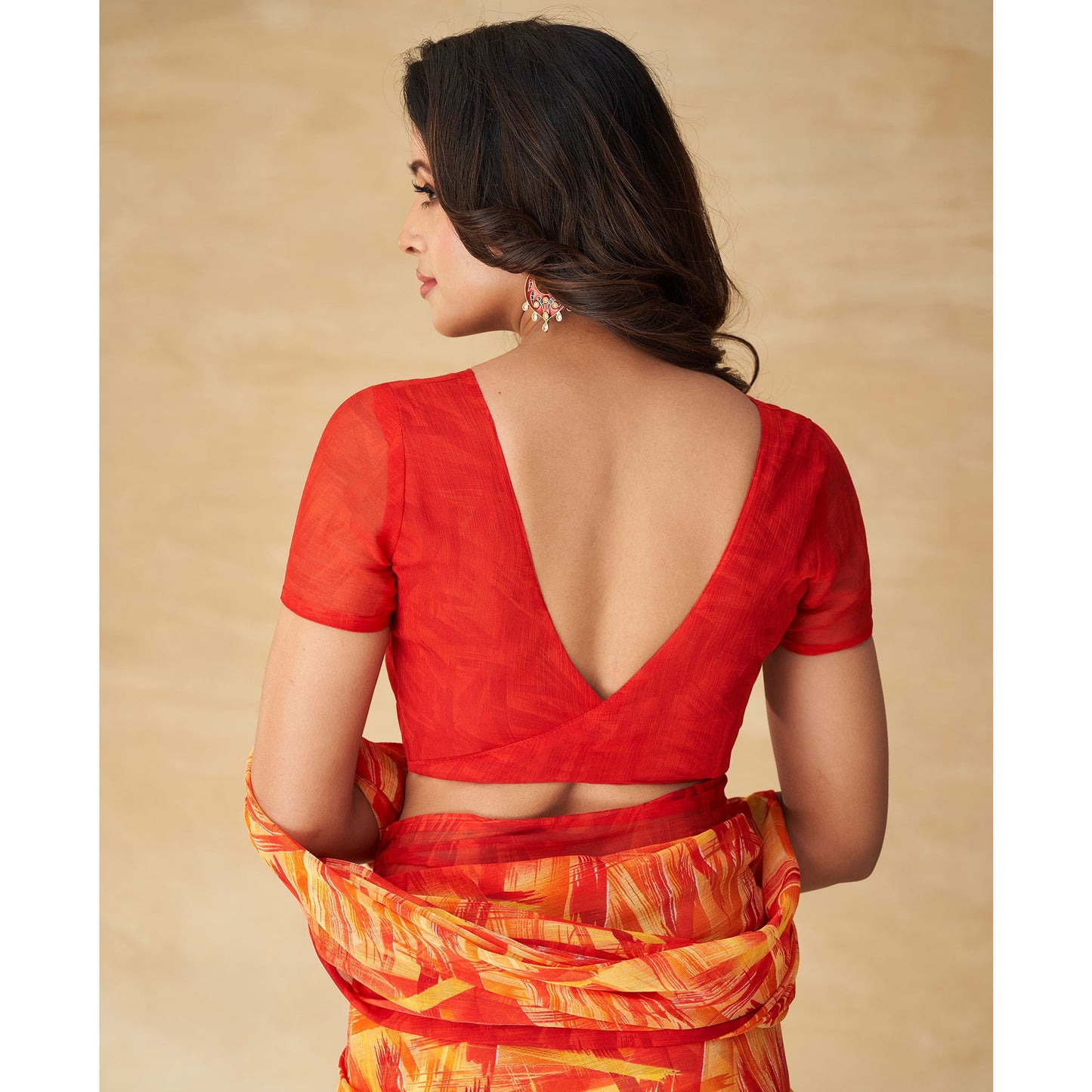 Red Abstract Printed Chiffon Saree