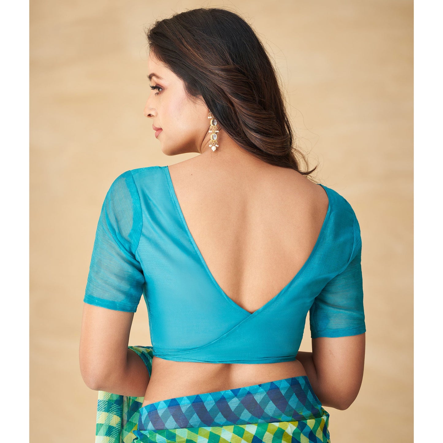 Sea Blue Geometric Printed Chiffon Saree