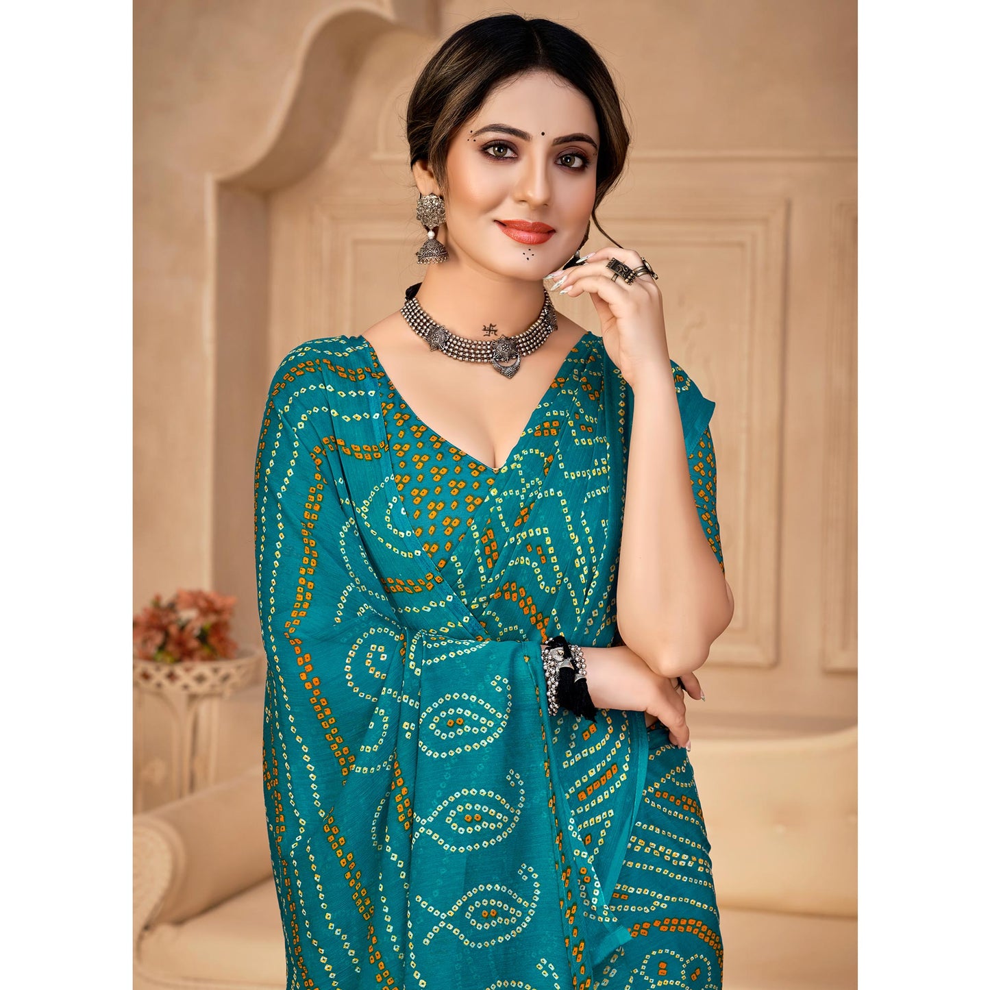 Rama Blue Bandhani Printed Chiffon Saree