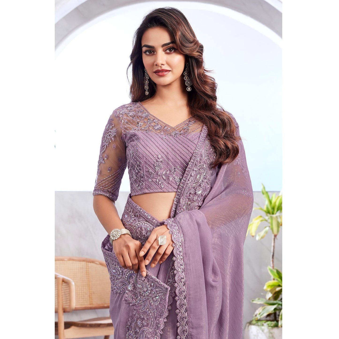 Lavender Floral Sequins Embroidered Georgette Saree