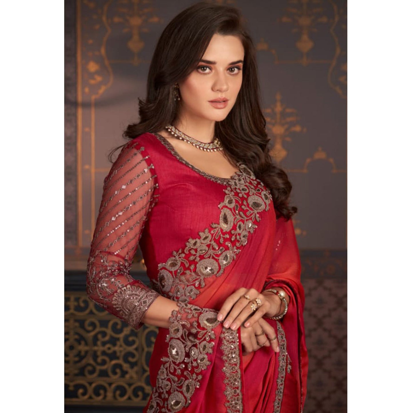 Red Embroidered Chiffon Saree