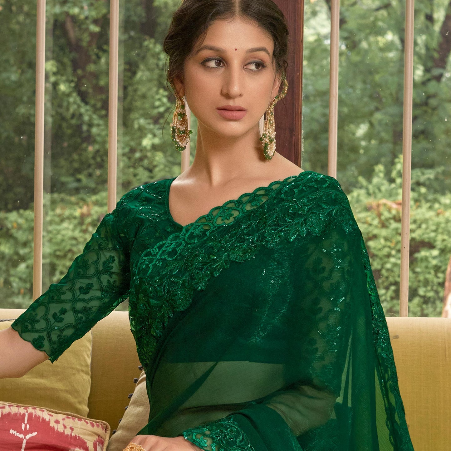 Bottle Green Sequins With Embroidered Chiffon Saree