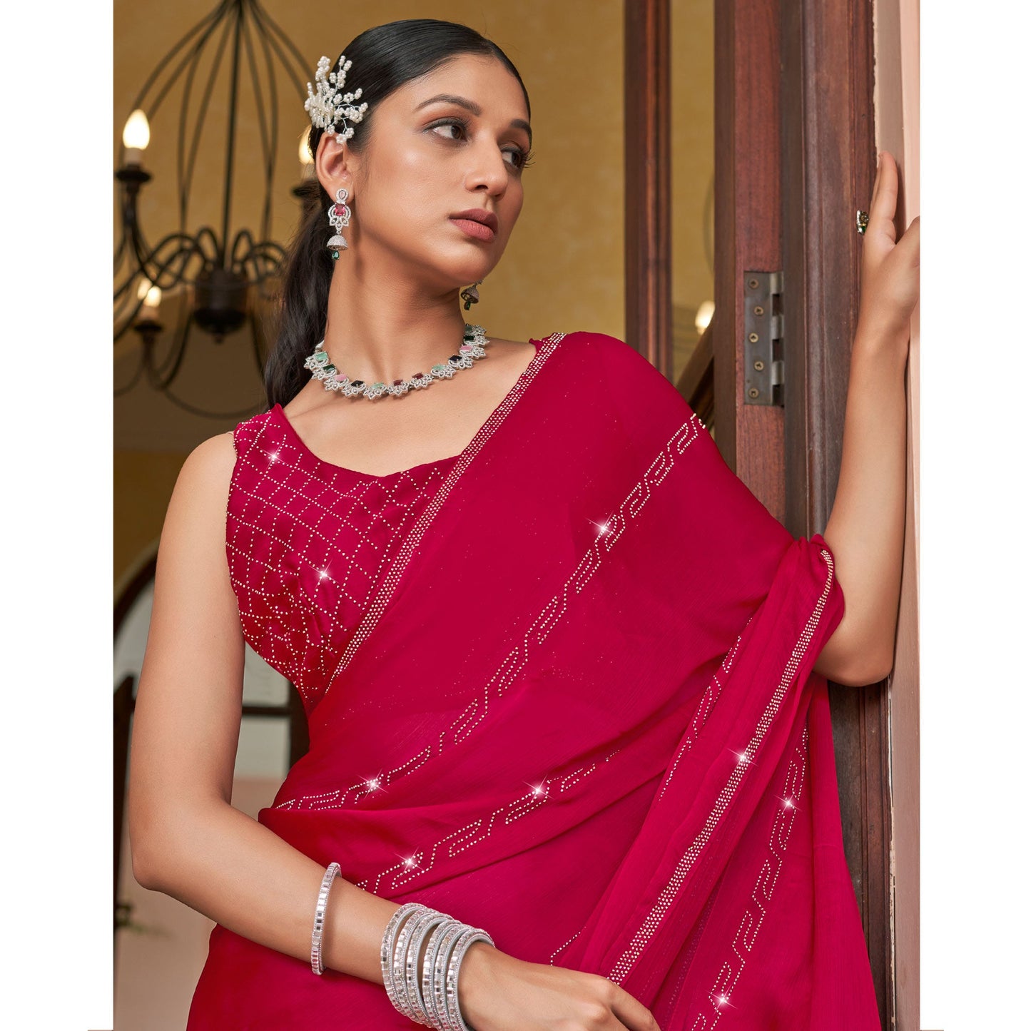 Pink Swarovski Work Georgette Saree