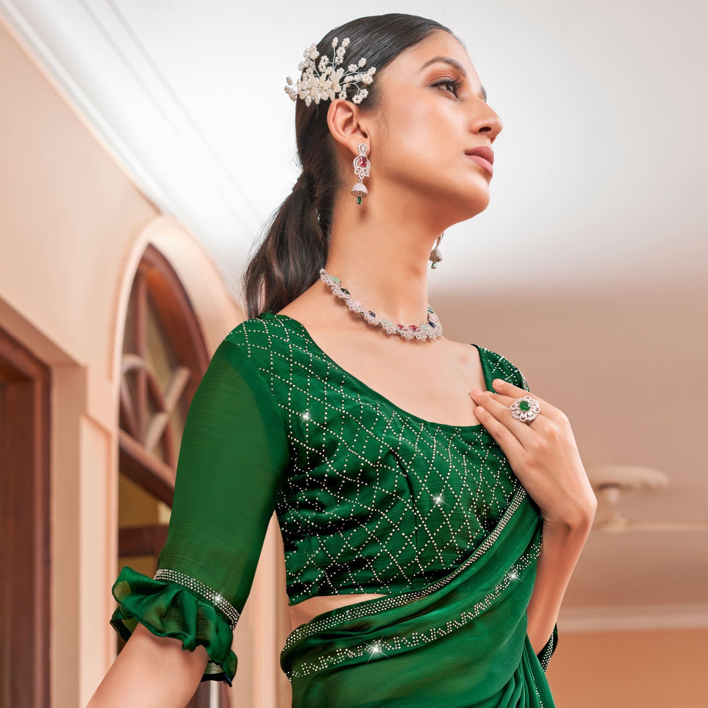 Green Swarovski Work Georgette Saree