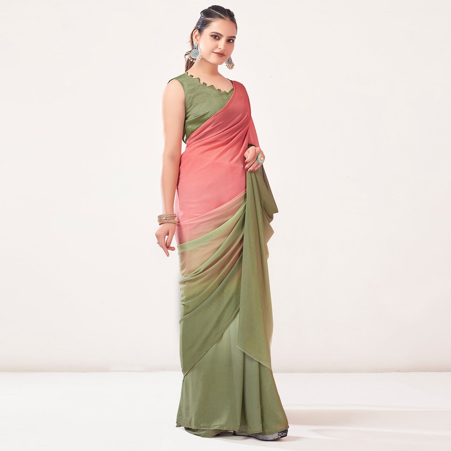 Pink & Olive Green Printed Georgette Saree