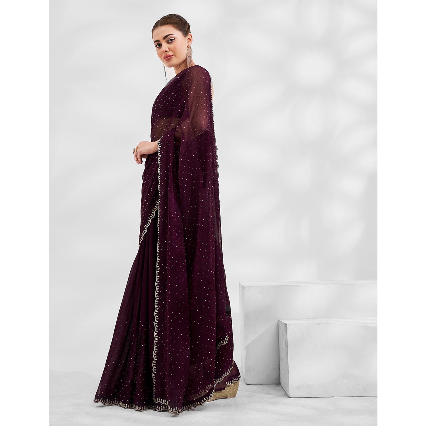 Wine Embroidered Swaroski Work Chiffon Saree