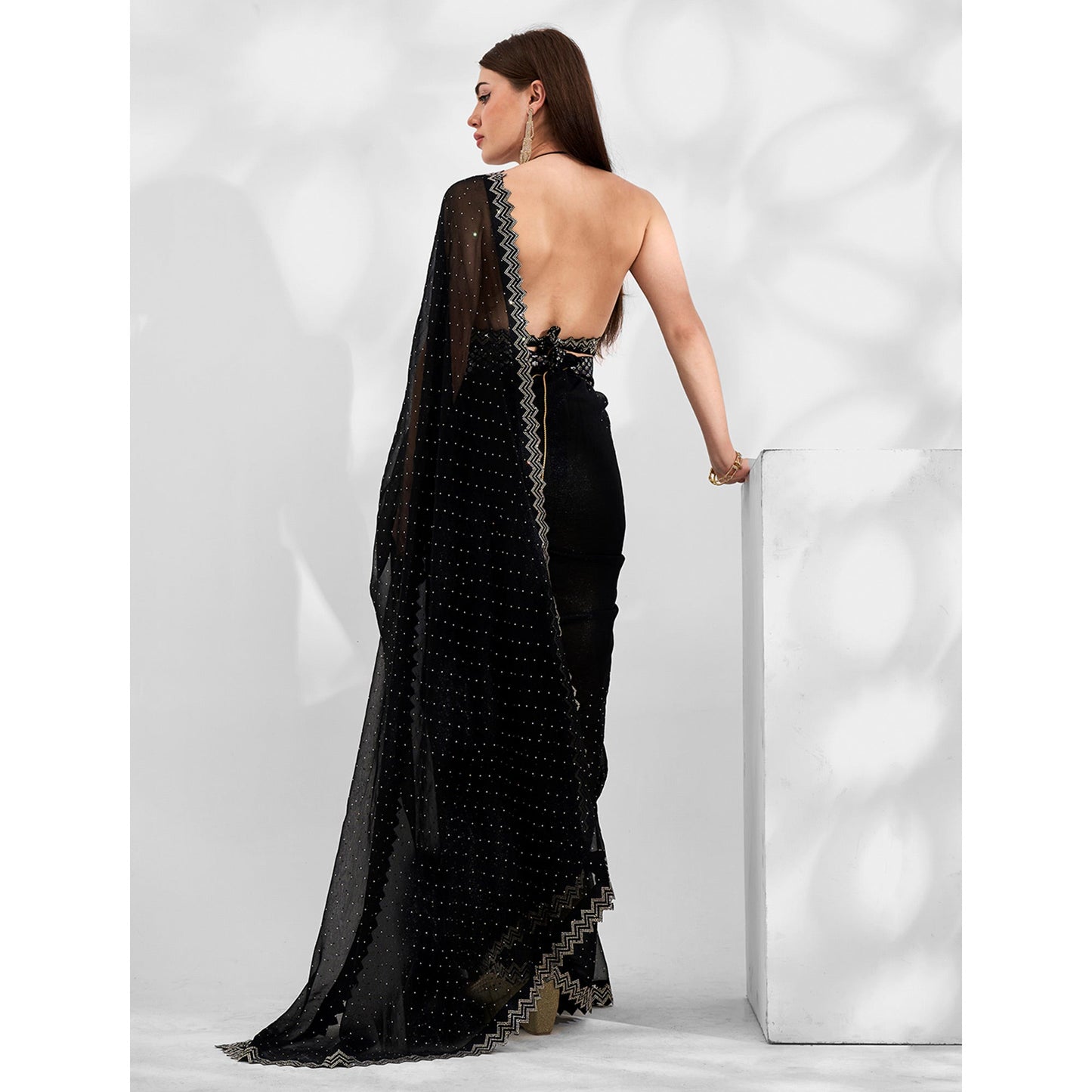 Black Embroidered Swaroski Work Chiffon Saree