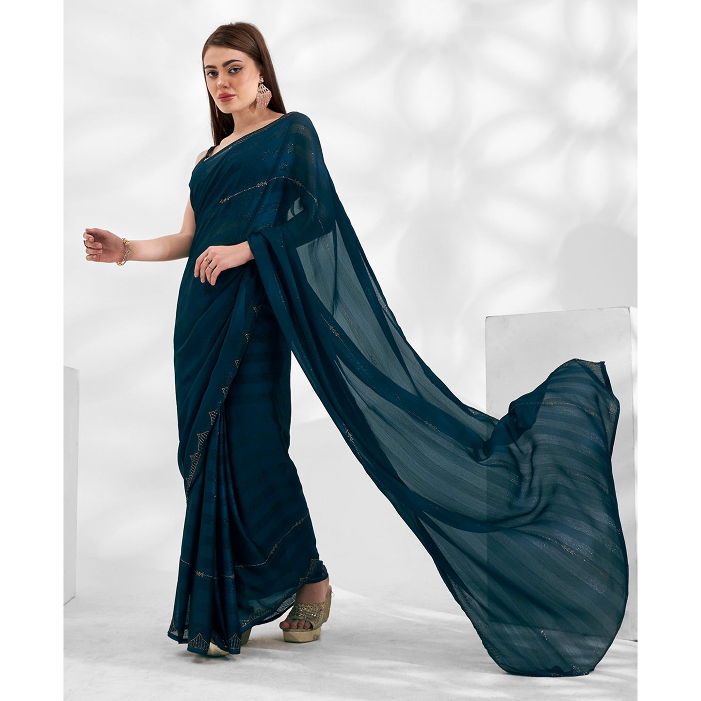 Morpich Blue Embroidered Swaroski Work Chiffon Saree