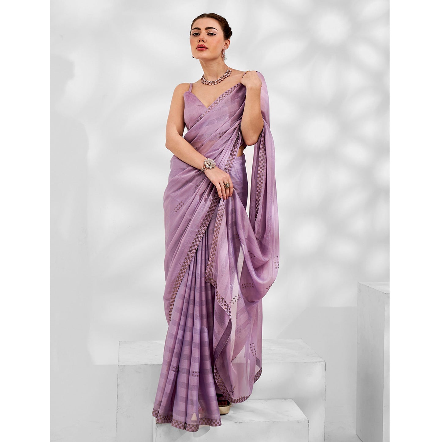 Light Purple Embroidered Swaroski Work Chiffon Saree