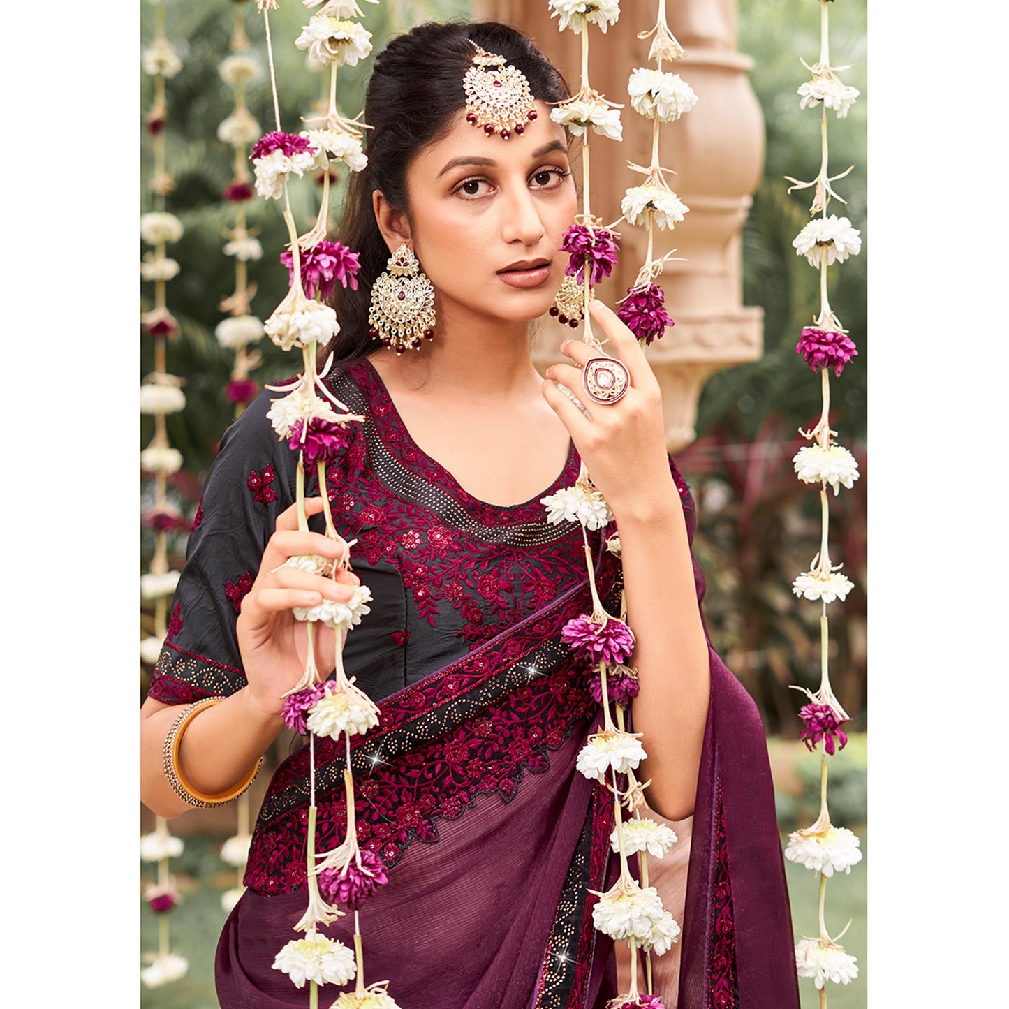 Wine Solid With Embroidered Border Chiffon Saree