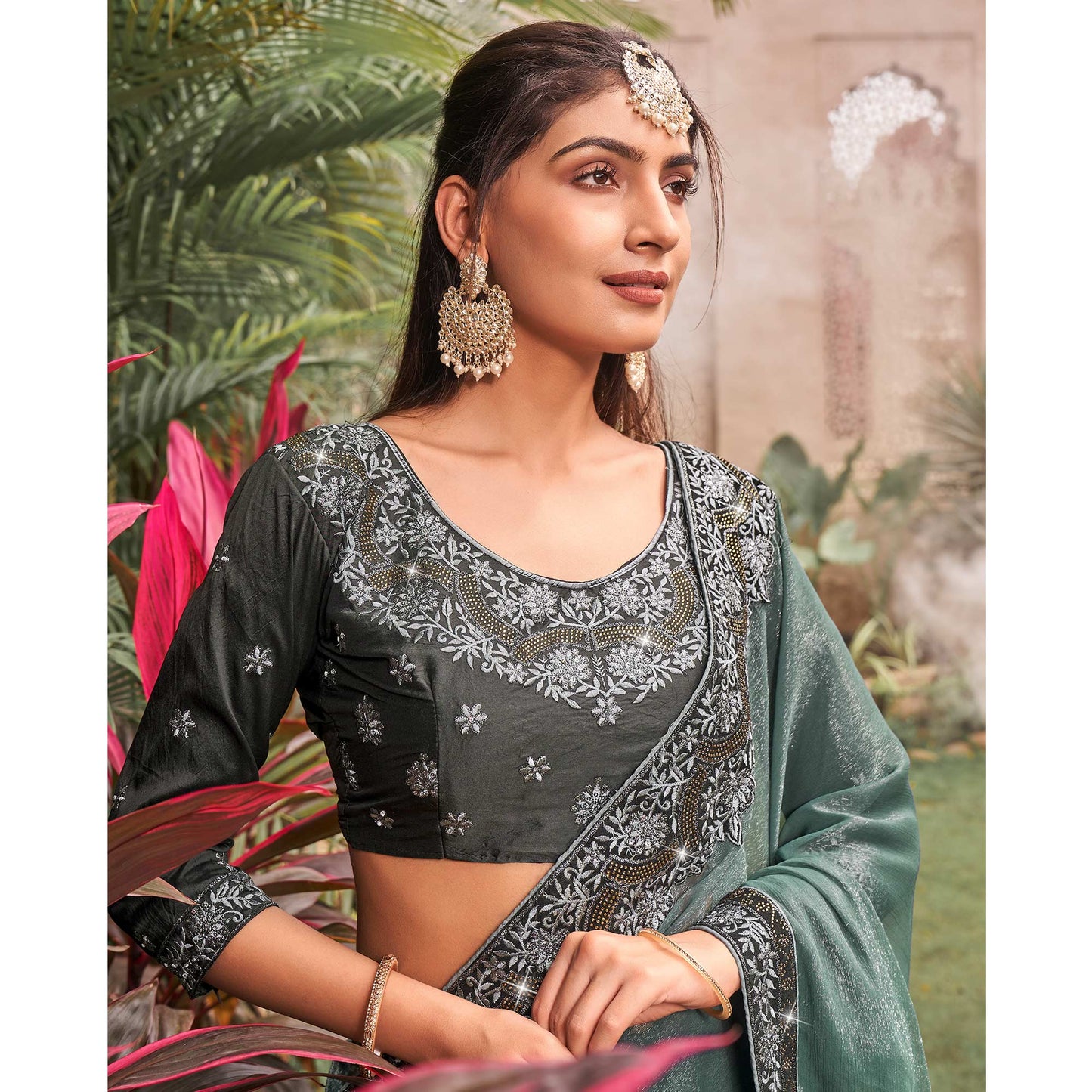 Grey Solid With Embroidered Border Chiffon Saree