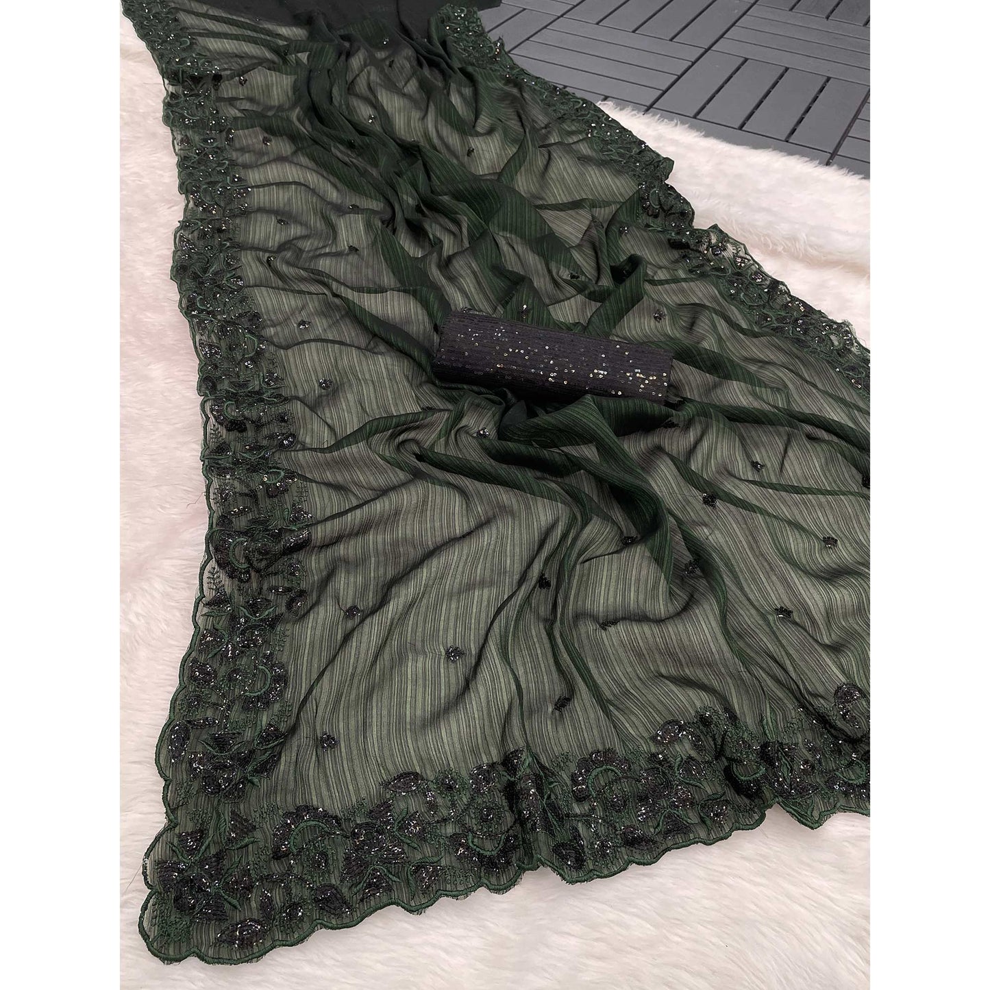 Dark Green Sequins Embroidered Chiffon Saree