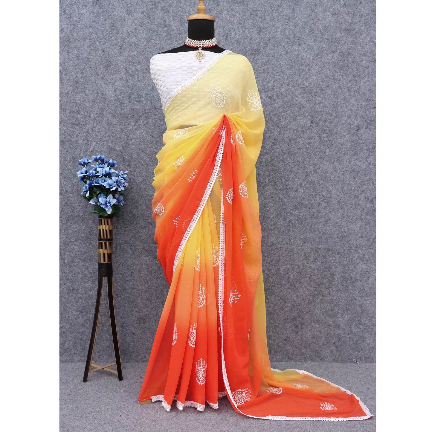 Yellow & Orange Sequins Embroidered Georgette Saree