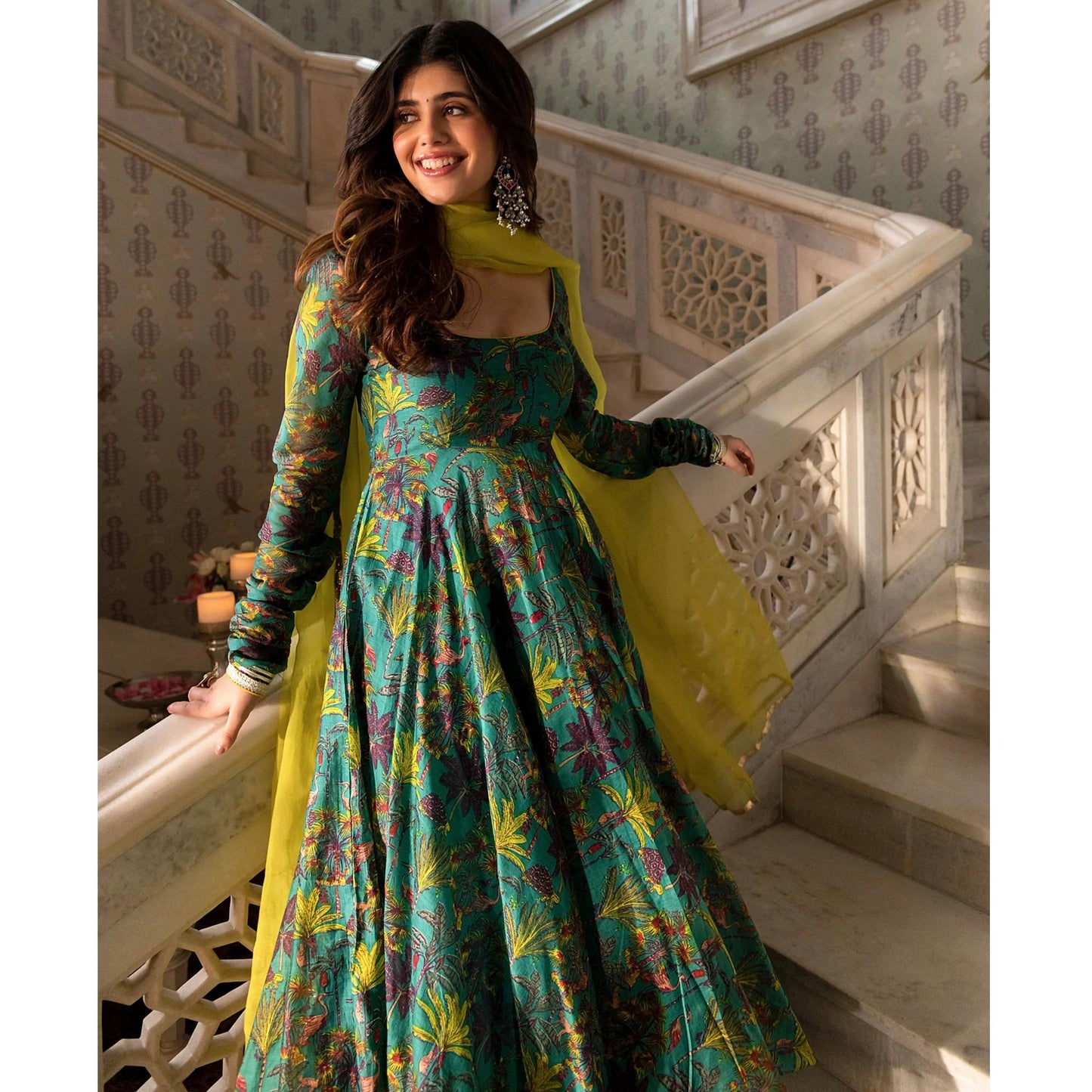 Rama Green Floral Digital Printed Chanderi Anarkali Style Suit