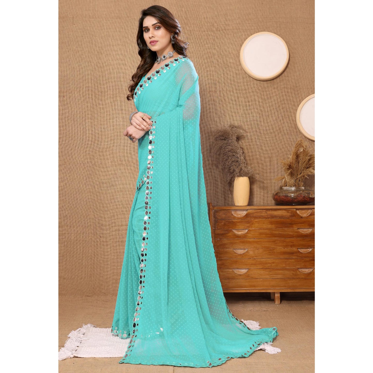 Turquoise Embroidered Butti Work Georgette Saree