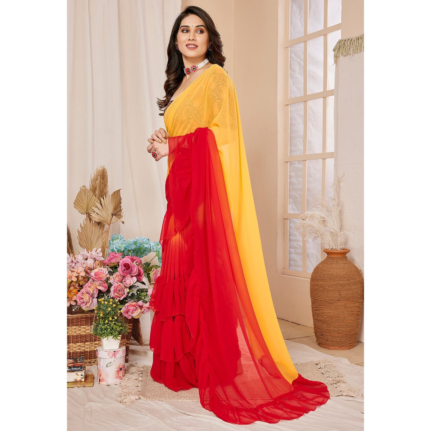 Red & Yellow Ombre Printed Georgette Ruffle Saree