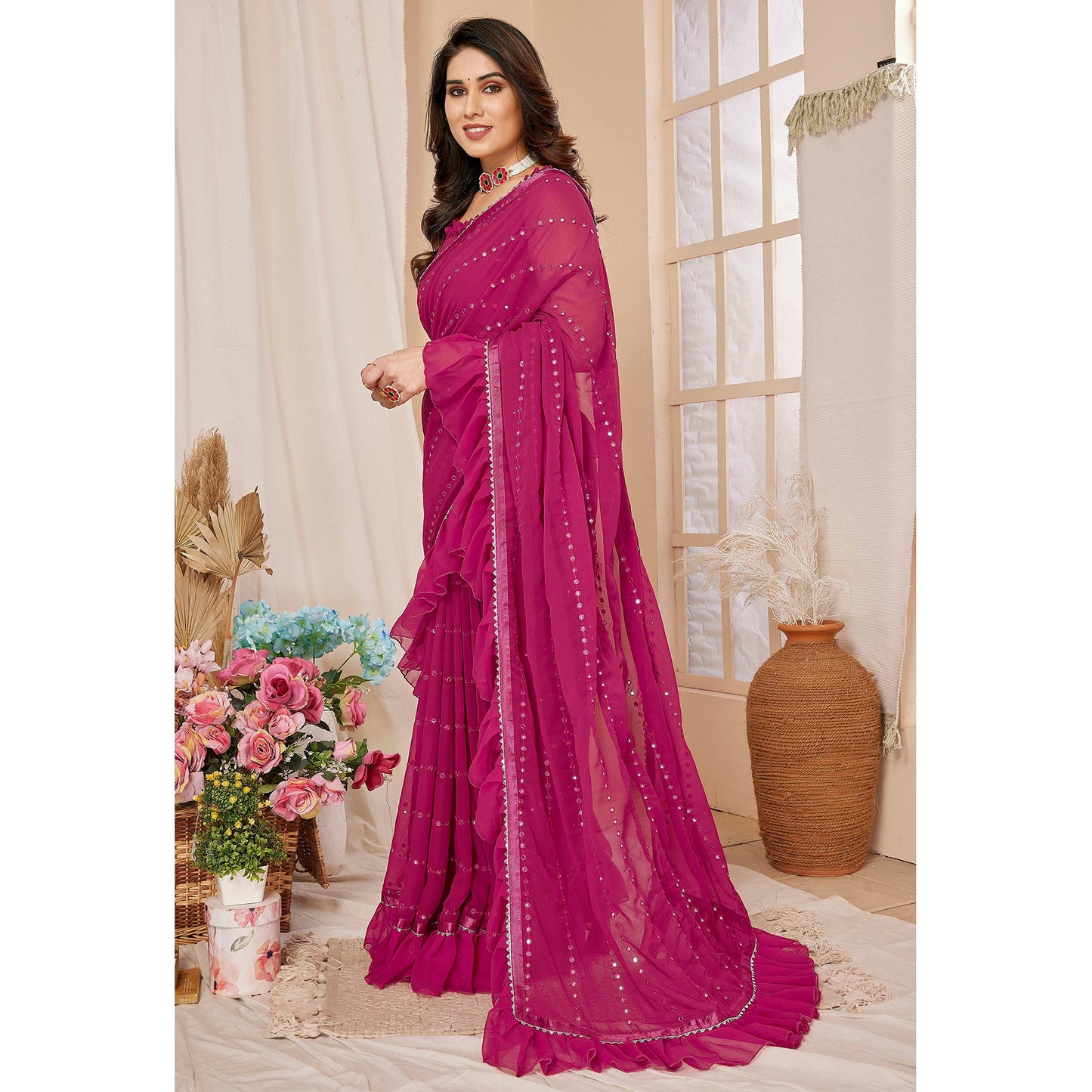 Pink Embroidered Georgette Ruffle Saree