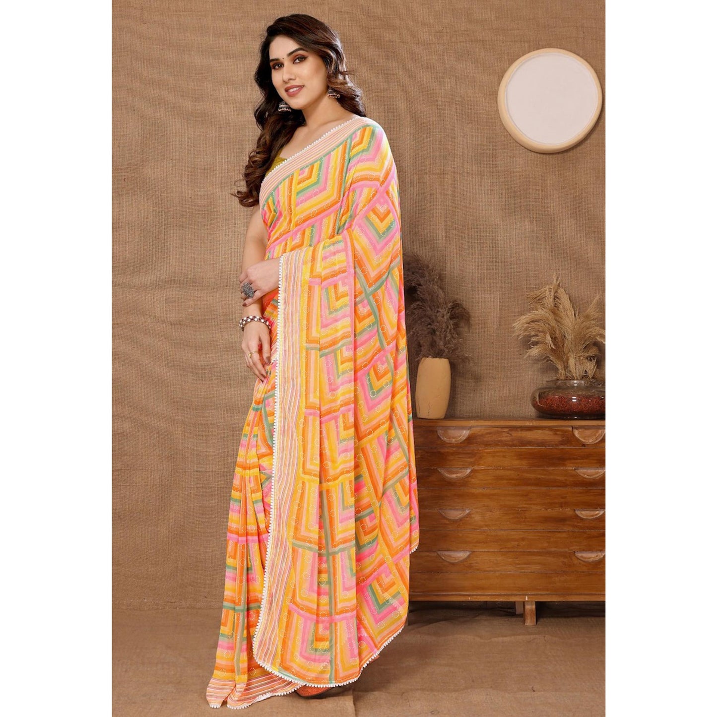 Yellow Geometric Printed Ready To Wear Georgette Saree