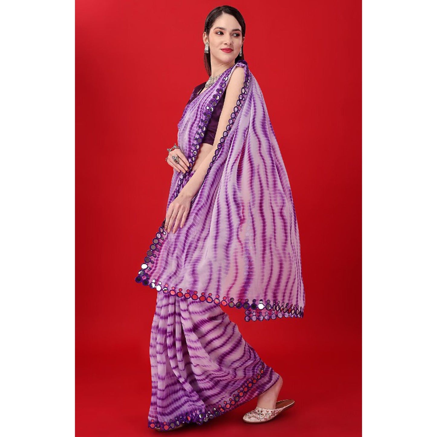 Purple Printed With Embroidered Border Georgette Saree