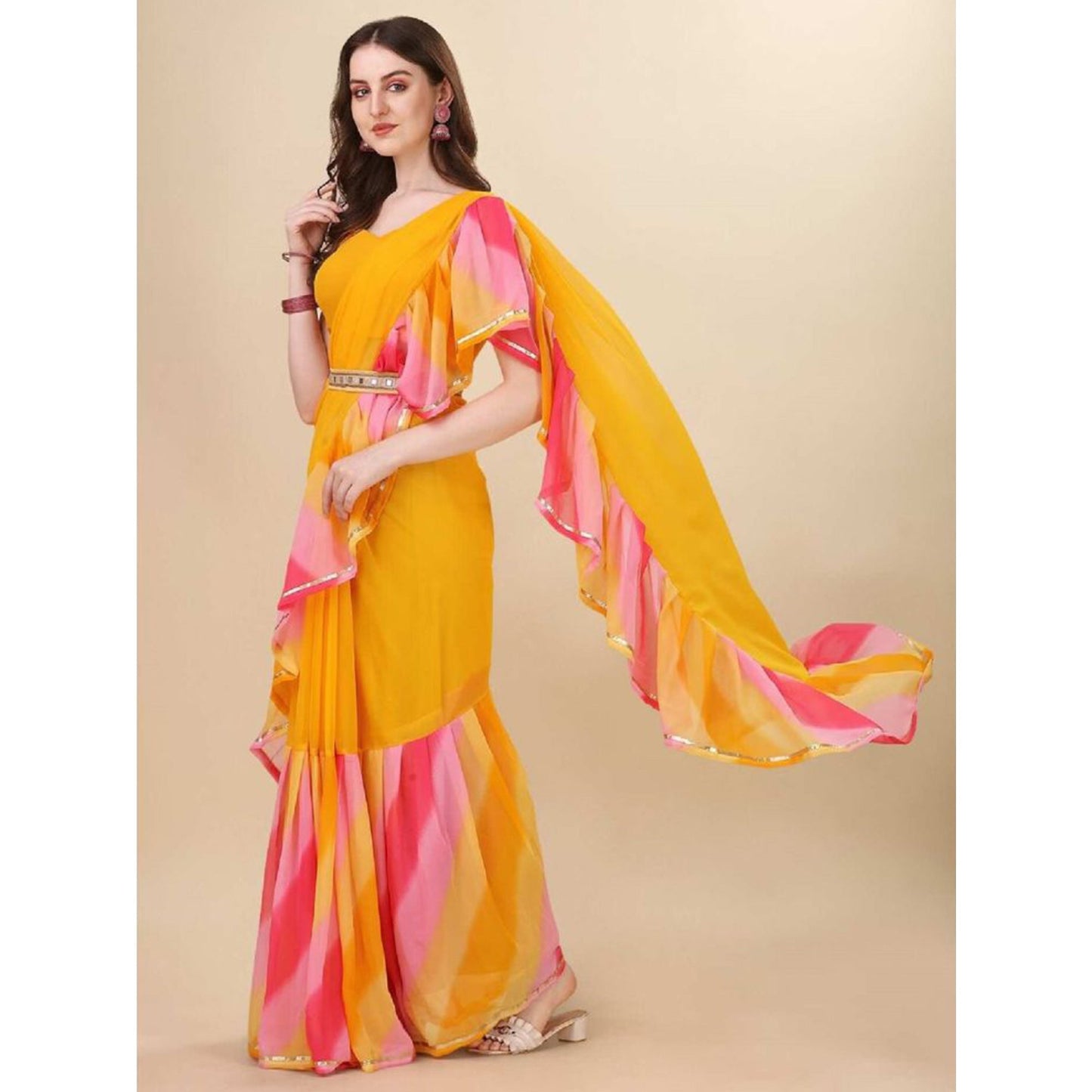 Yellow Printed Georgette Ruffle Saree