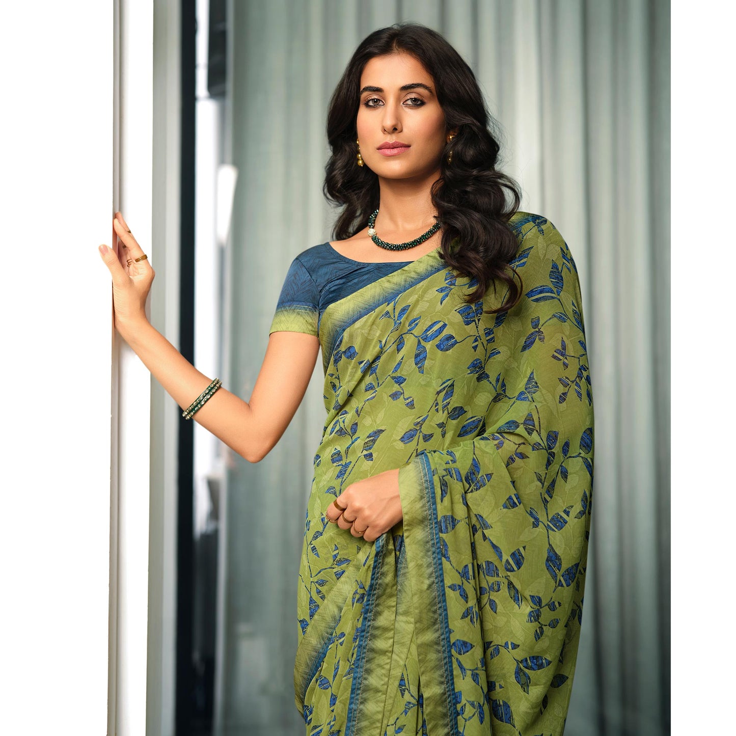 Mehendi Green Floral Printed Georgette Saree