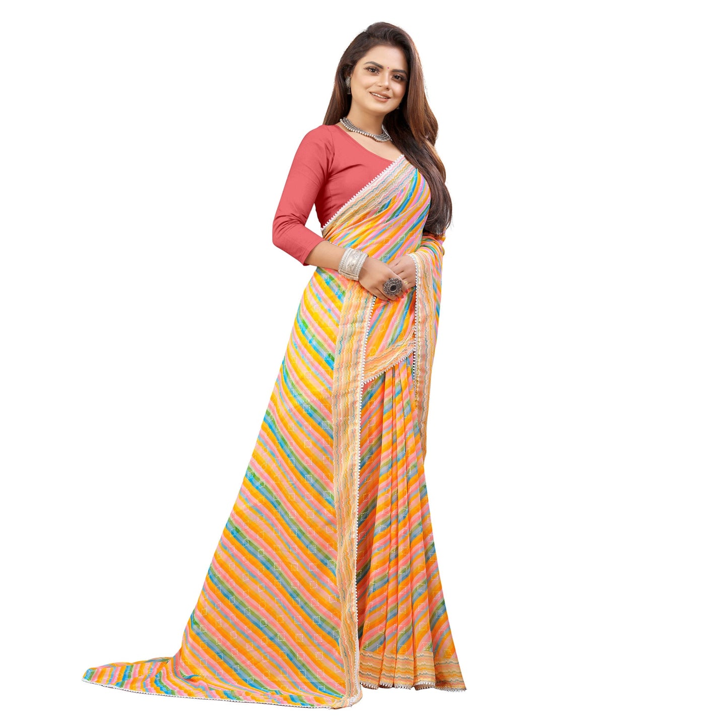 Yellow Striped Printed Georgette Saree