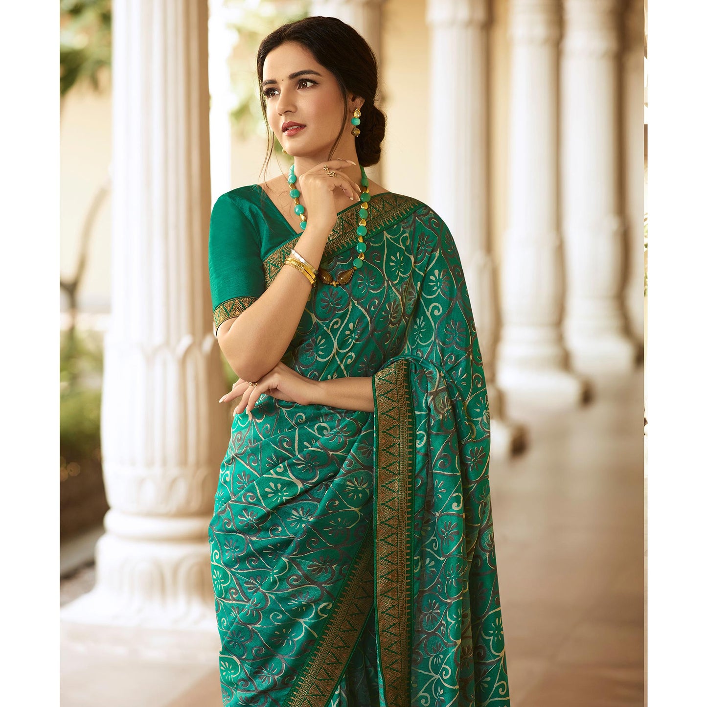 Rama Green Printed Art Silk Saree