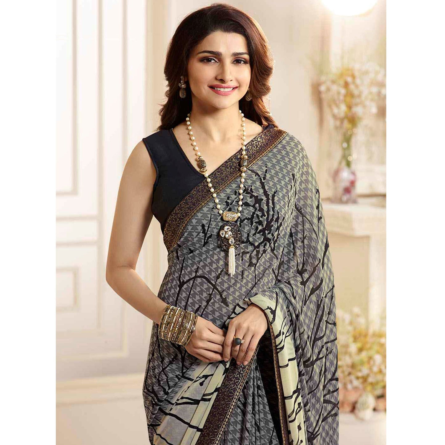 Grey Printed Georgette Saree With Lace Border