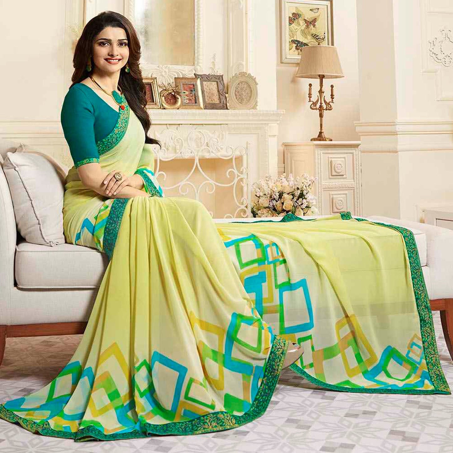 Lemon Yellow Printed Georgette Saree With Lace Border