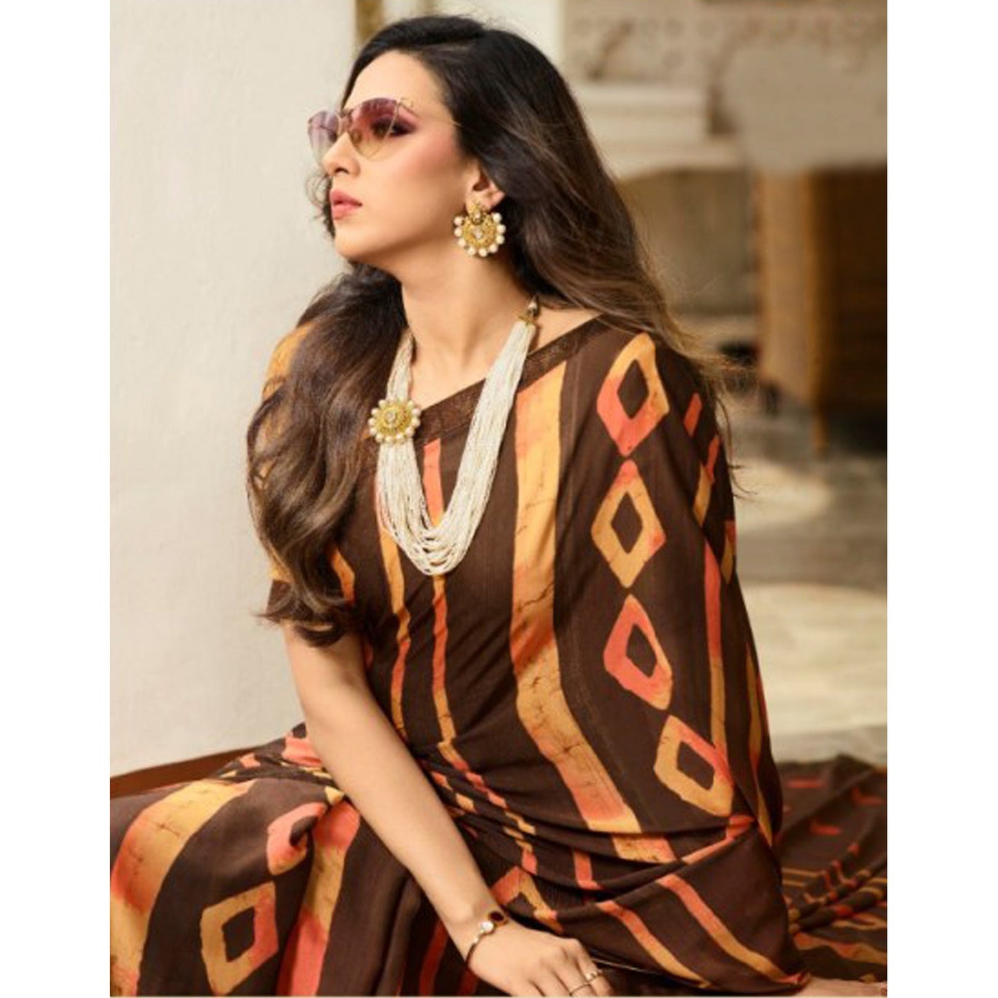 Brown Printed Art Silk Saree With Lace Border