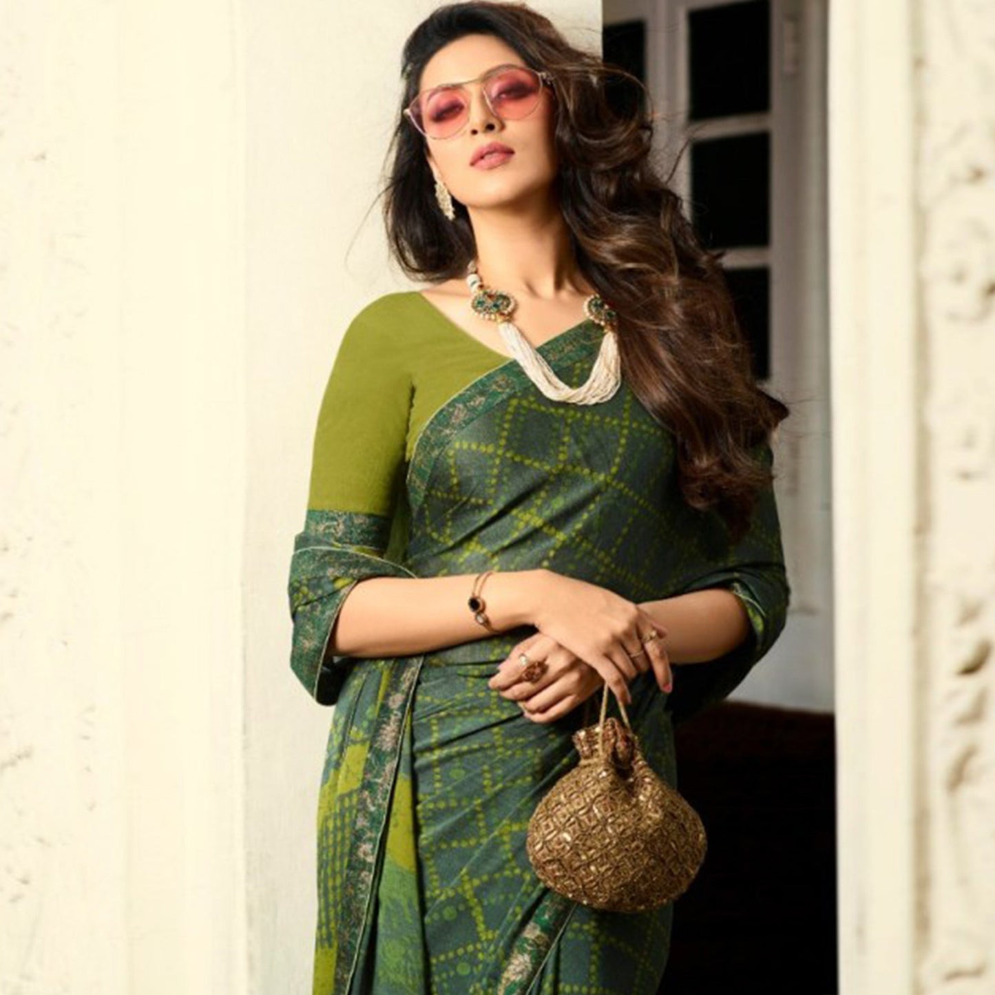 Green Printed Art Silk Saree With Lace Border