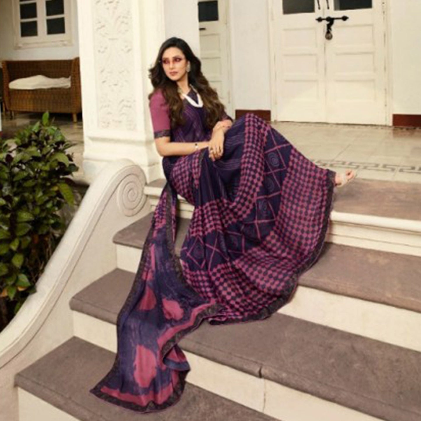 Violet Printed Art Silk Saree With Lace Border