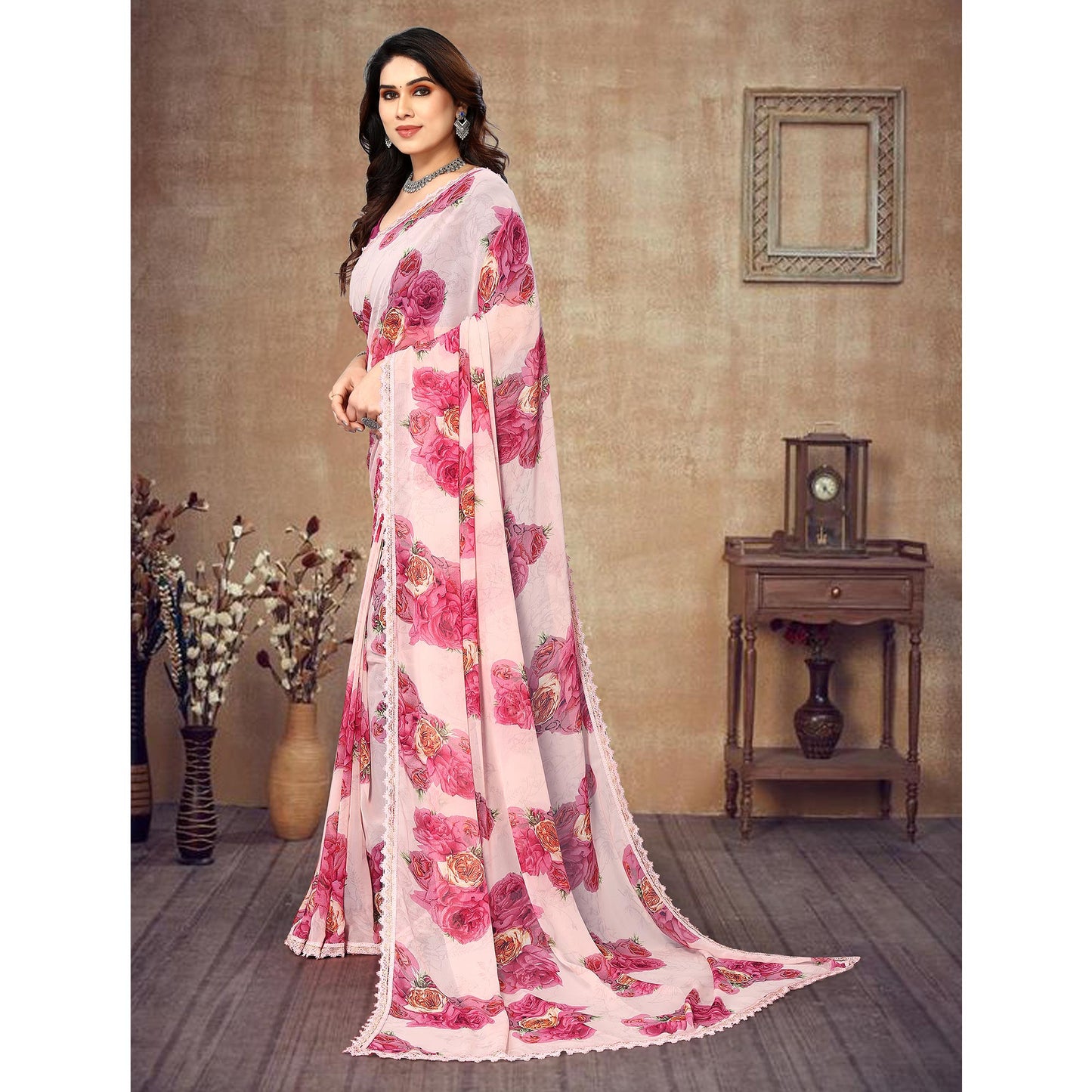 Light Peach Floral Printed Georgette Saree With Lace Border