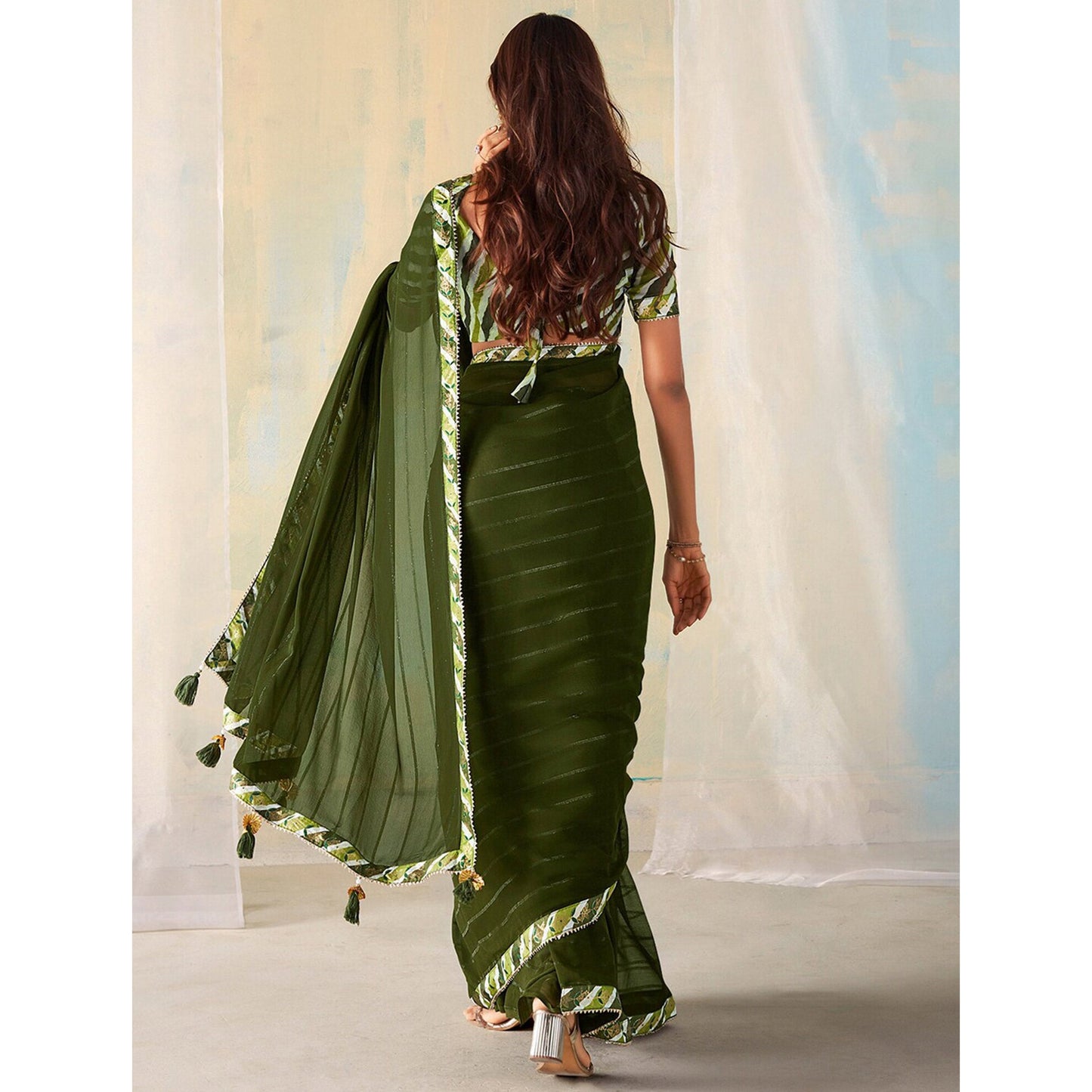 Mehendi Green Woven Georgette Saree With Lace Border