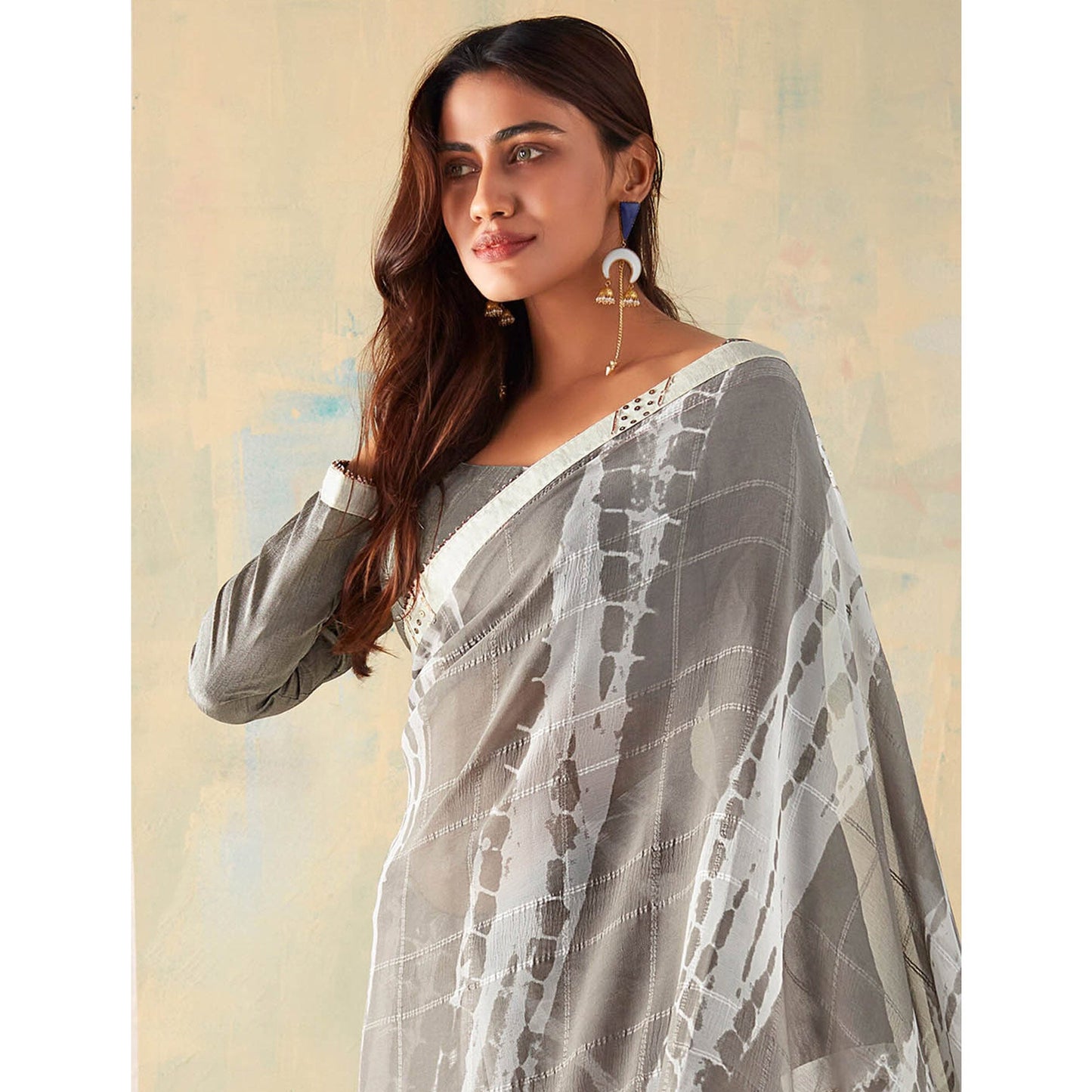 Grey Woven With Shibori Printed Georgette Saree