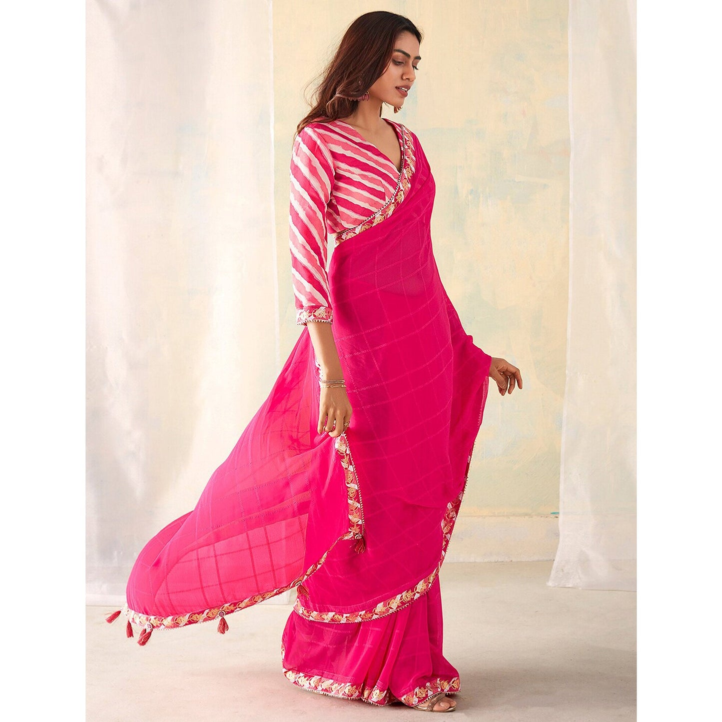 Pink Woven With Gota Patti Border Georgette Saree With Tassels