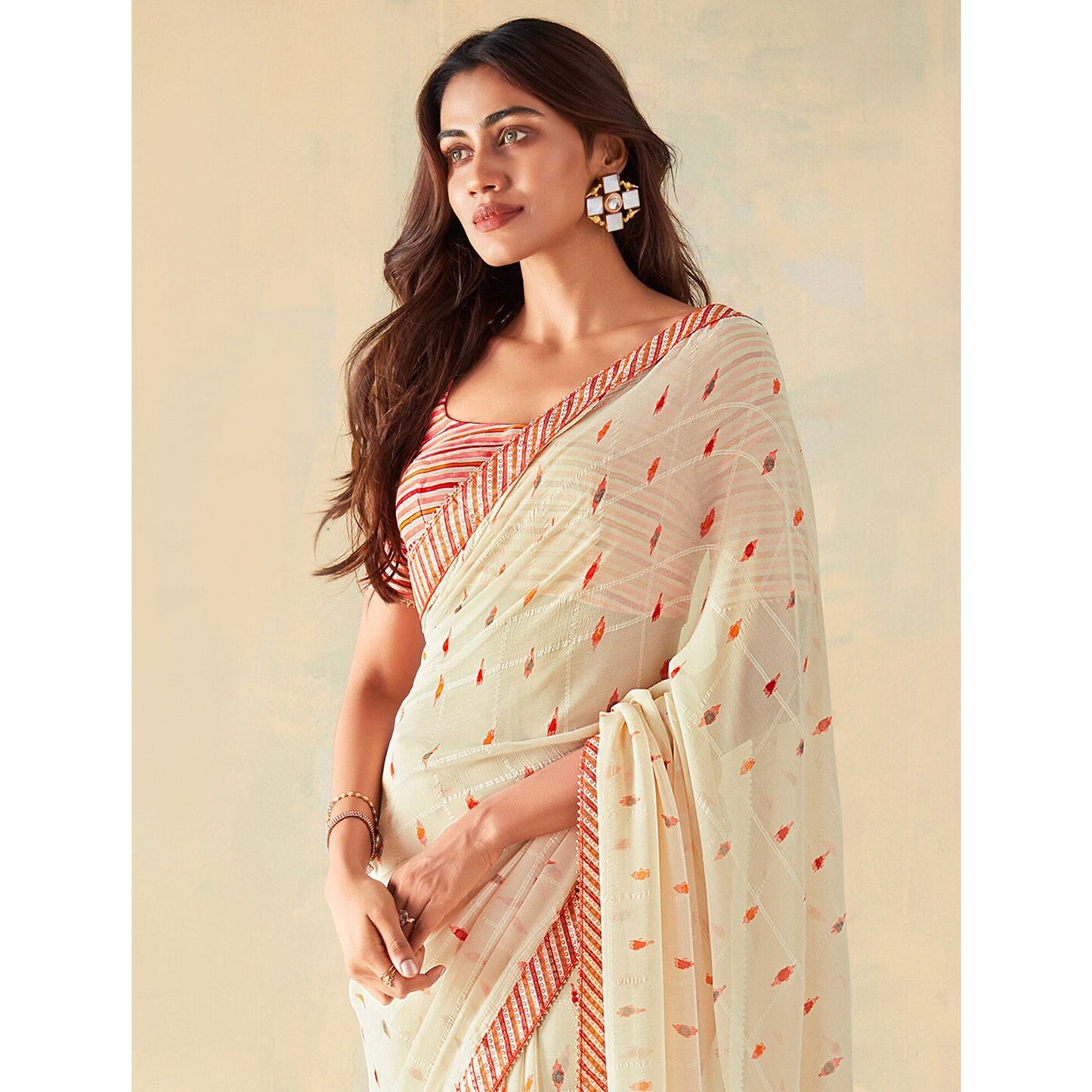 Cream Woven With Digital Printed Georgette Saree