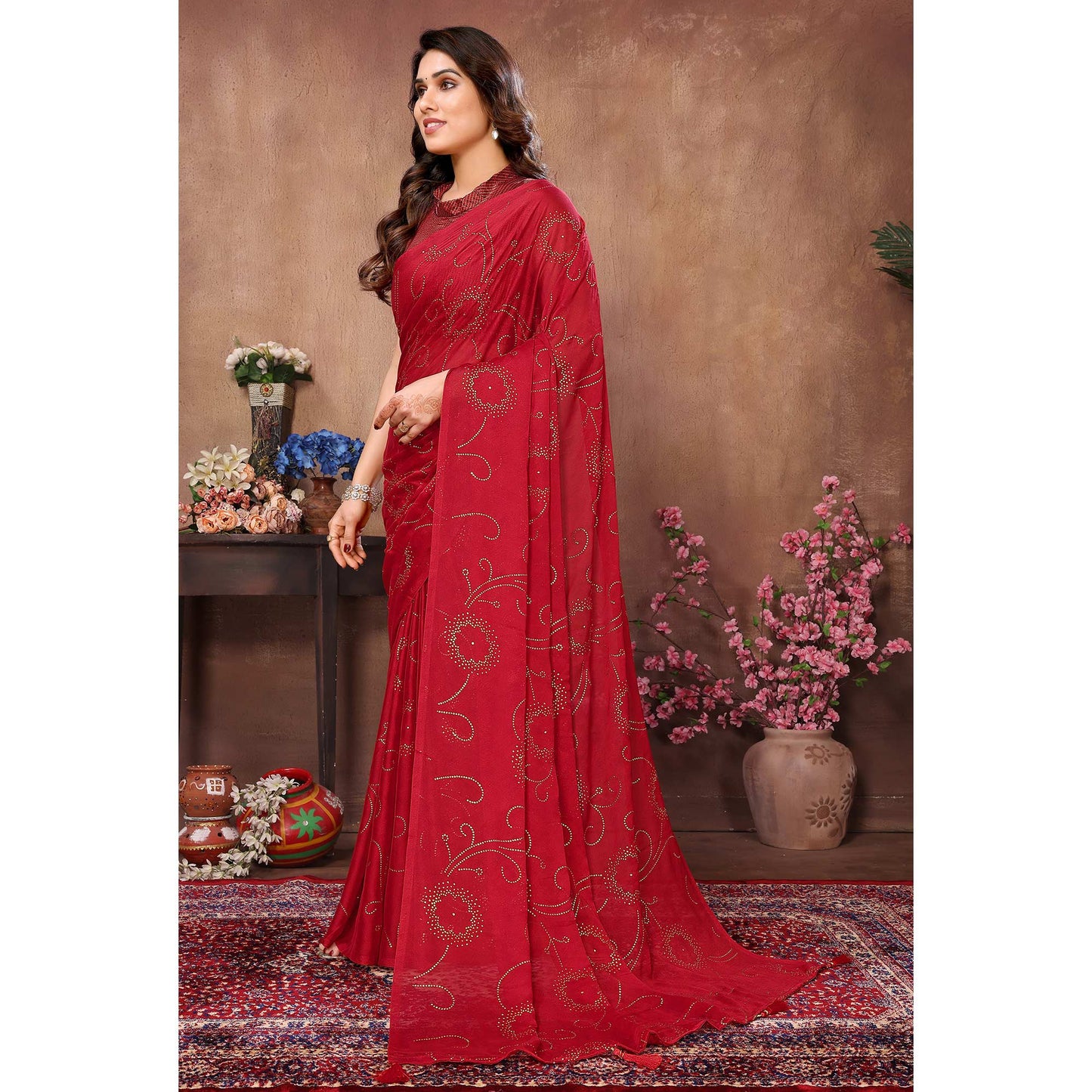 Red Mukaish Work Silk Saree With Tassels